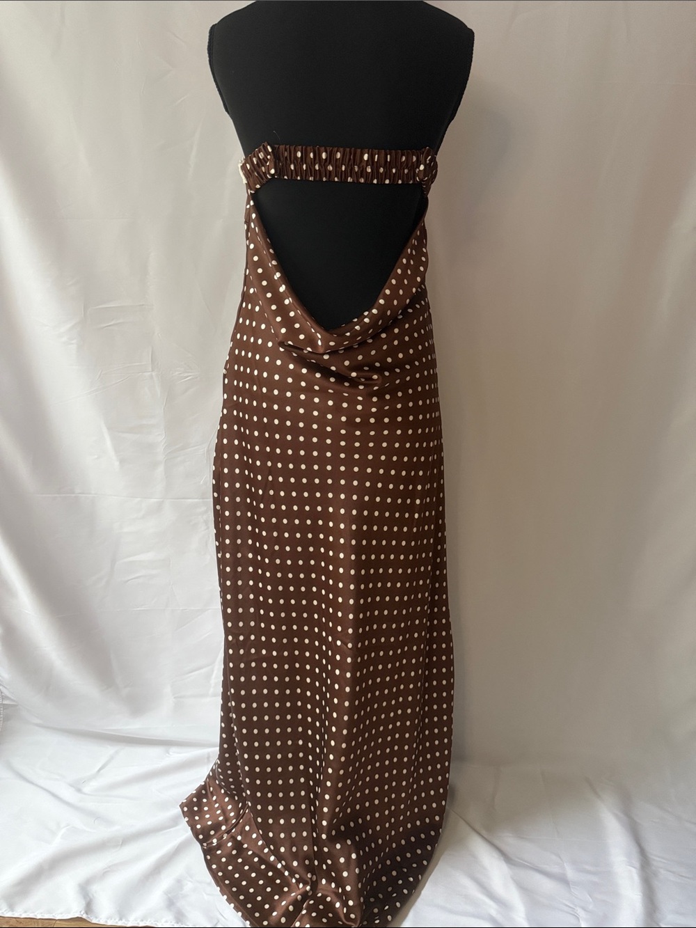 Strapless Brown Polka Dot Maxi Dress with Cream Trim w/Draped back - Picture 3 of 3